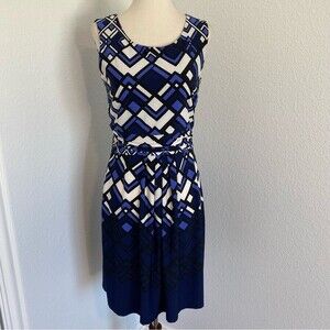 En Focus Studio Striking Blue Black White Ruche Dress Sleeveless Unique SZ 6